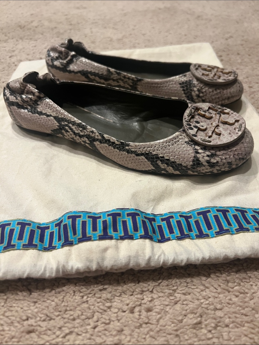Tory Burch Snakeskin-Print Reva Ballet Flats in Taupe - Picture 4 of 7